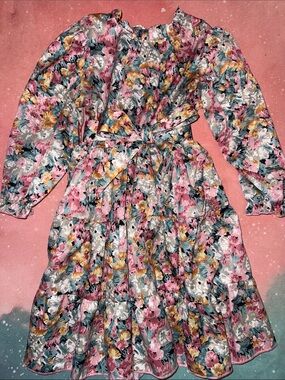 Girls Pink Multi Floral Tiered Dress with Tie Waist 5